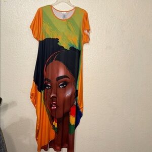 Orange Graphic Maxi Dress- Afro Art Statement T-Shirt Dress Short Sleeve